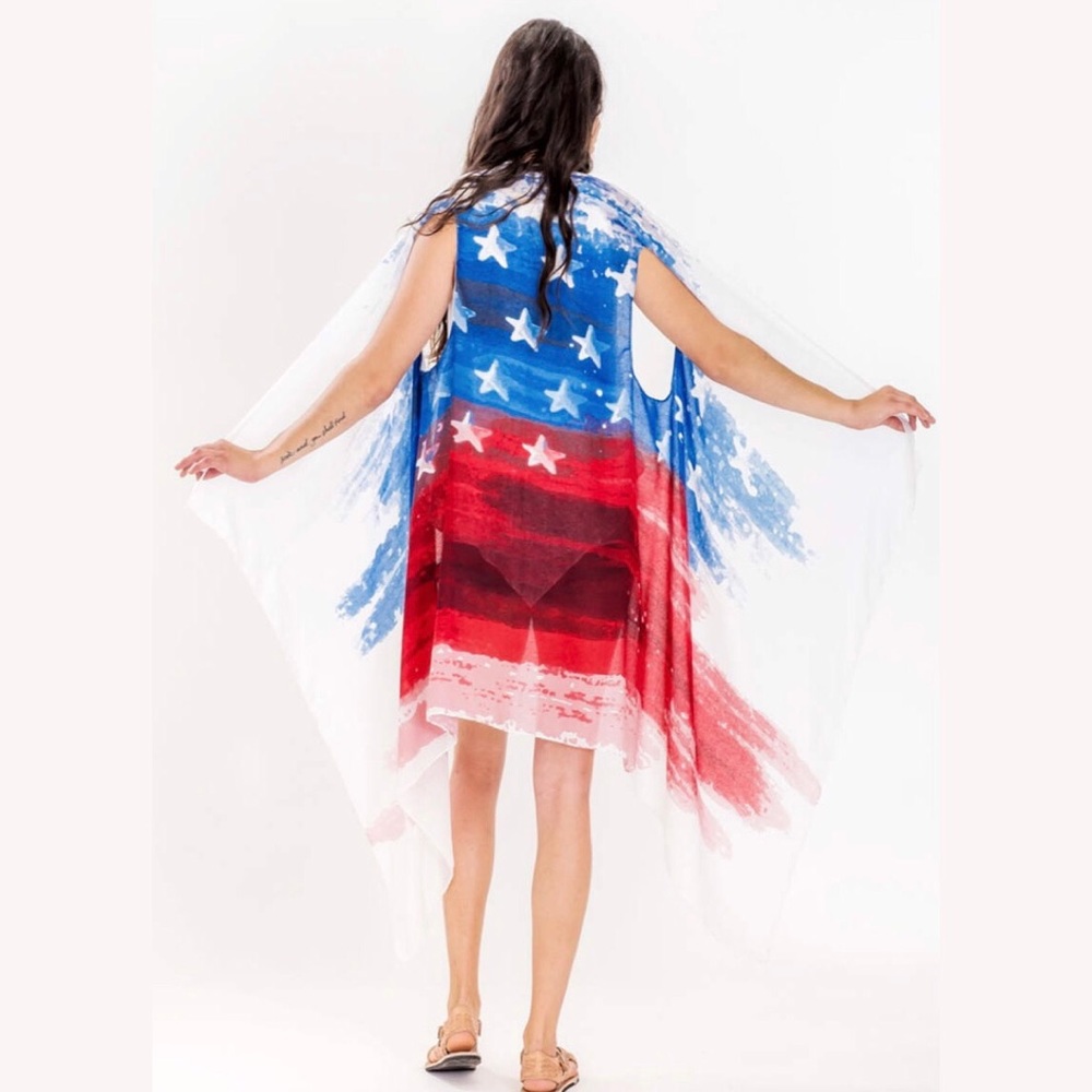 NEW USA American Flag Stars Long Kimono Vest Cover Up